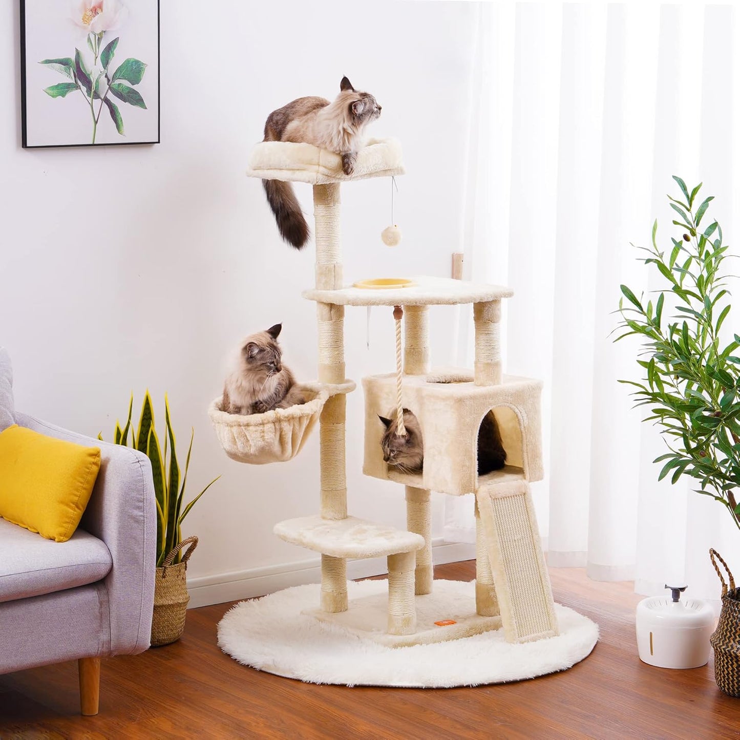 Cat Tree, Cat Tower for Indoor Cats with Scratching Board, Multi-Level Cat Furniture Condo with Feeding Bowl Light Gray HCT010M